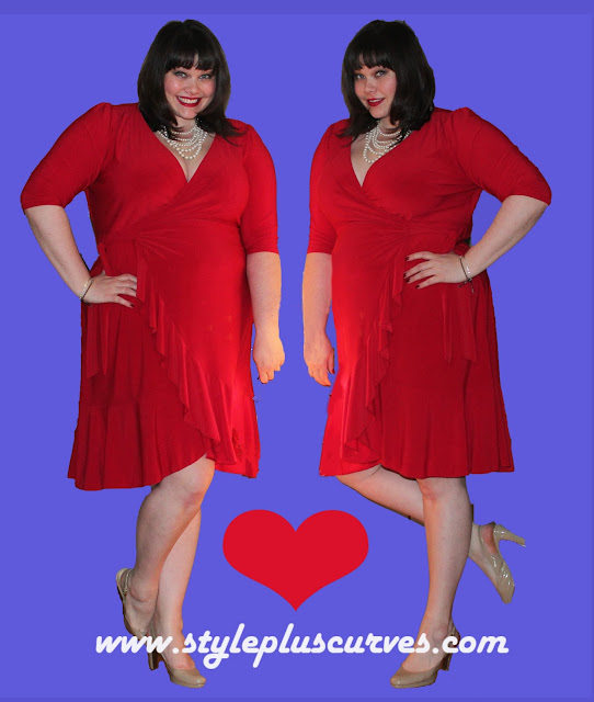 Amber from Style Plus Curves in Red Kiyonna Whimsy Wrap Dress