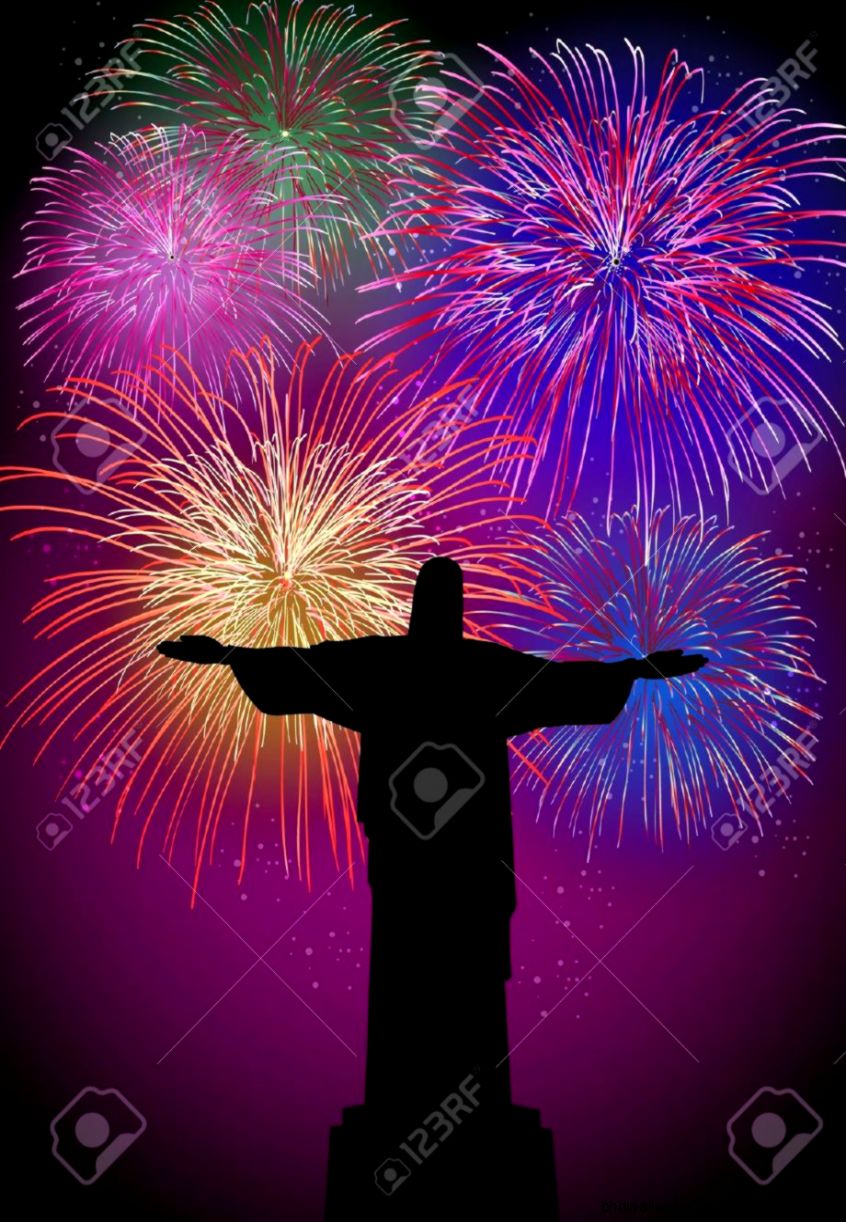 Happy New Year Fireworks Rio De Janeiro City With Christ The