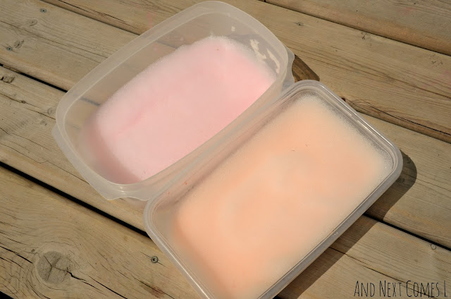 Grapefruit and orange scented and colored soap foam sensory bins