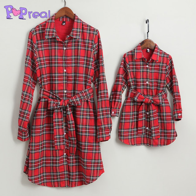 Mom Girl Plaid Self Tie Shirt Dress