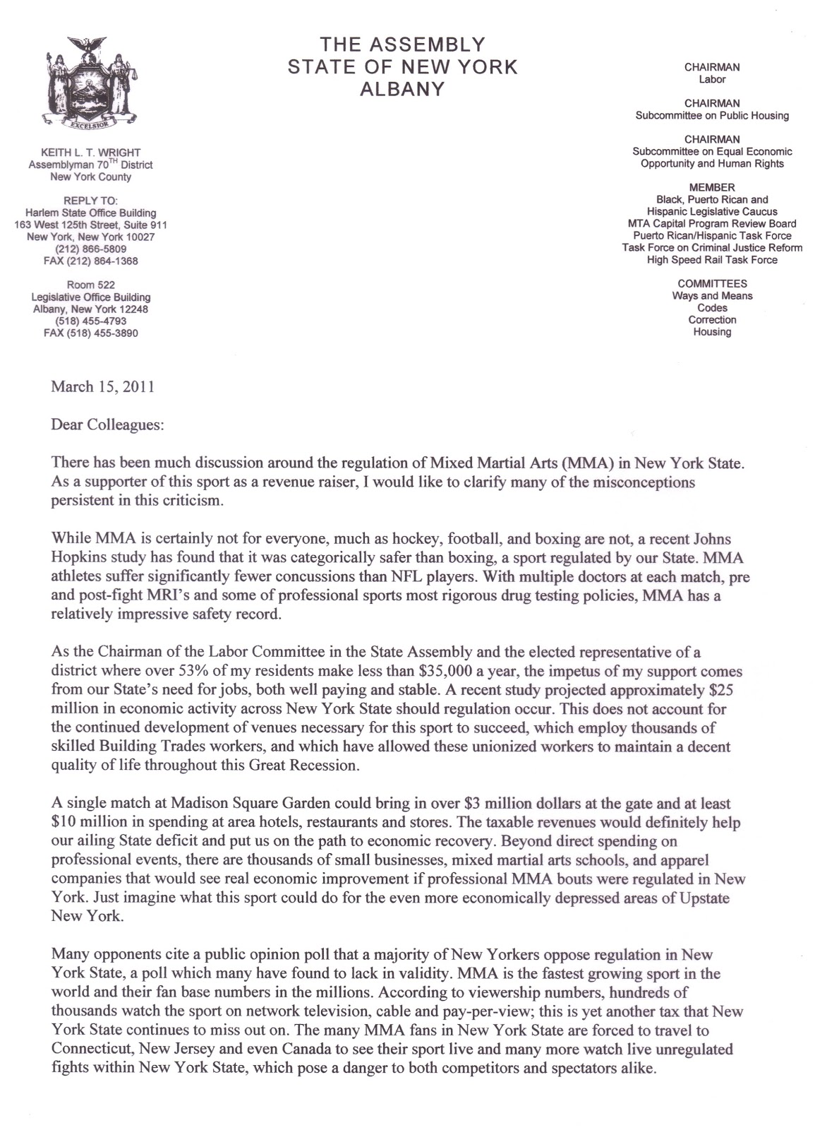 Coalition to Legalize Mixed Martial Arts in New York Wright is Right