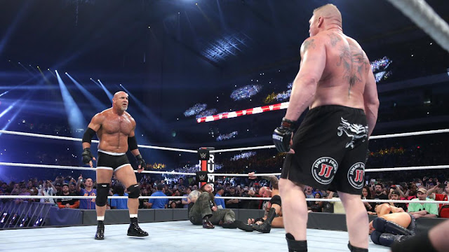 Goldberg humiliates Brock Lesnar for a second time at WWE Royal Rumble 2017 Goldberg humiliates Brock Lesnar for a second time at WWE Royal Rumble 2017