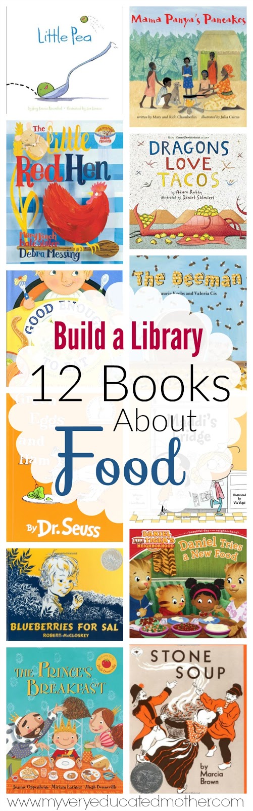 A dozen books all about food. Picky eaters, making food, growing food, eating food, and sharing food. It's all covered! via myveryeducatedmother.com