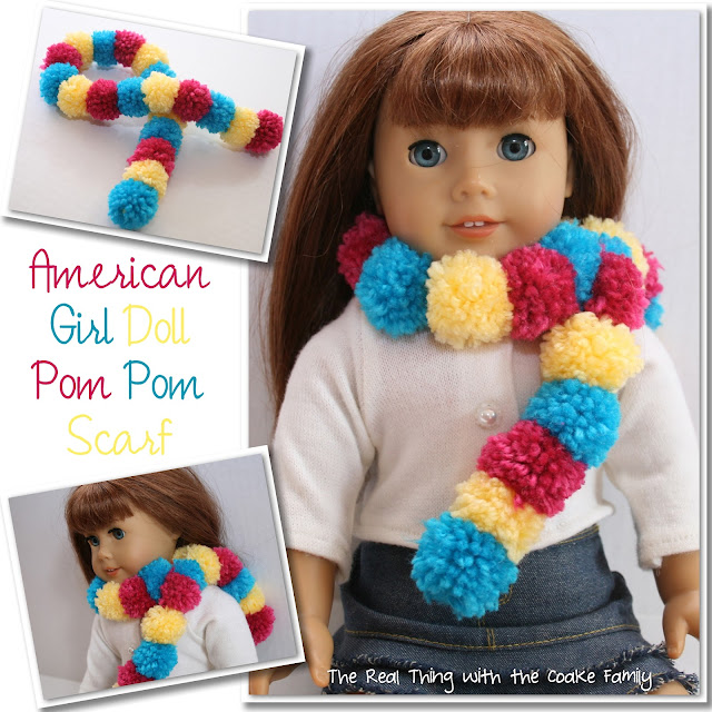 Make this adorable American Girl Doll craft of a Pom Pom Scarf for your doll. Too Cute! #AGDoll #Crafts #AmericanGirlDoll #RealCoake