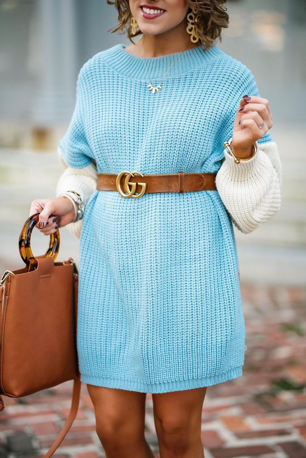 $40 Color Block Sweater Dress + Gucci Belt - Something Delightful Blog #fallfashion #fallstyle #sweaterdress
