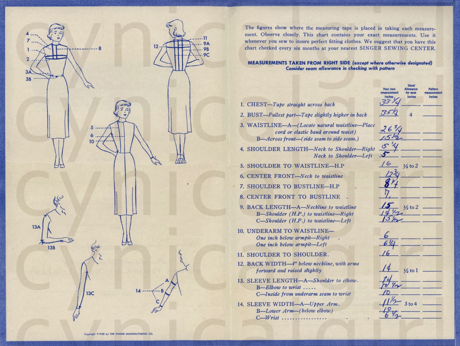 Zips & Darts 1958 Singer Measurement Chart Fitting for Vintage Sewing