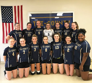 Pictured is the 2018 Tri-County Varsity Volleyball team.  Starting l-r kneeling:  Hannah Will of Medway, Isabelle Zagame of Bellingham, Hailey White of North Attleboro, Keira Dempsey of North Attleboro, Camden Schweitzer of Wrentham, Kaya Chambers of Millis, and Jitarra Ellis of Franklin.  Standing l-r:  Sarah Killoy of Franklin, Sabrina Howarth of Seekonk, Elizabeth Naff of Franklin, Emma Mangiacotti of Norfolk, Emily Jutras of Wrentham, Ashley Barry of North Attleboro, and Caroline MacPherson of North Attleboro