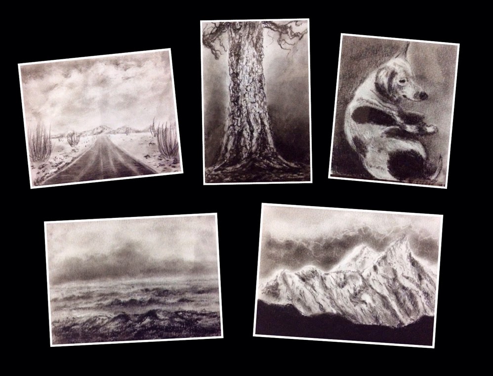 Five charcoal paintings done by student during charcoal painting workshop conducted by Manju Panchal