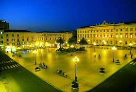 Sassari's elegant Piazza d'Italia lit up by night