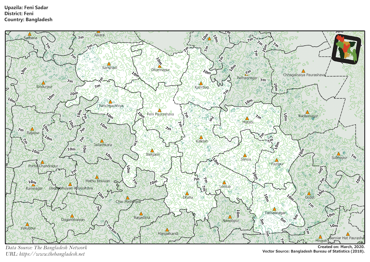 Feni Sadar Upazila Elevation Map Feni District Bangladesh