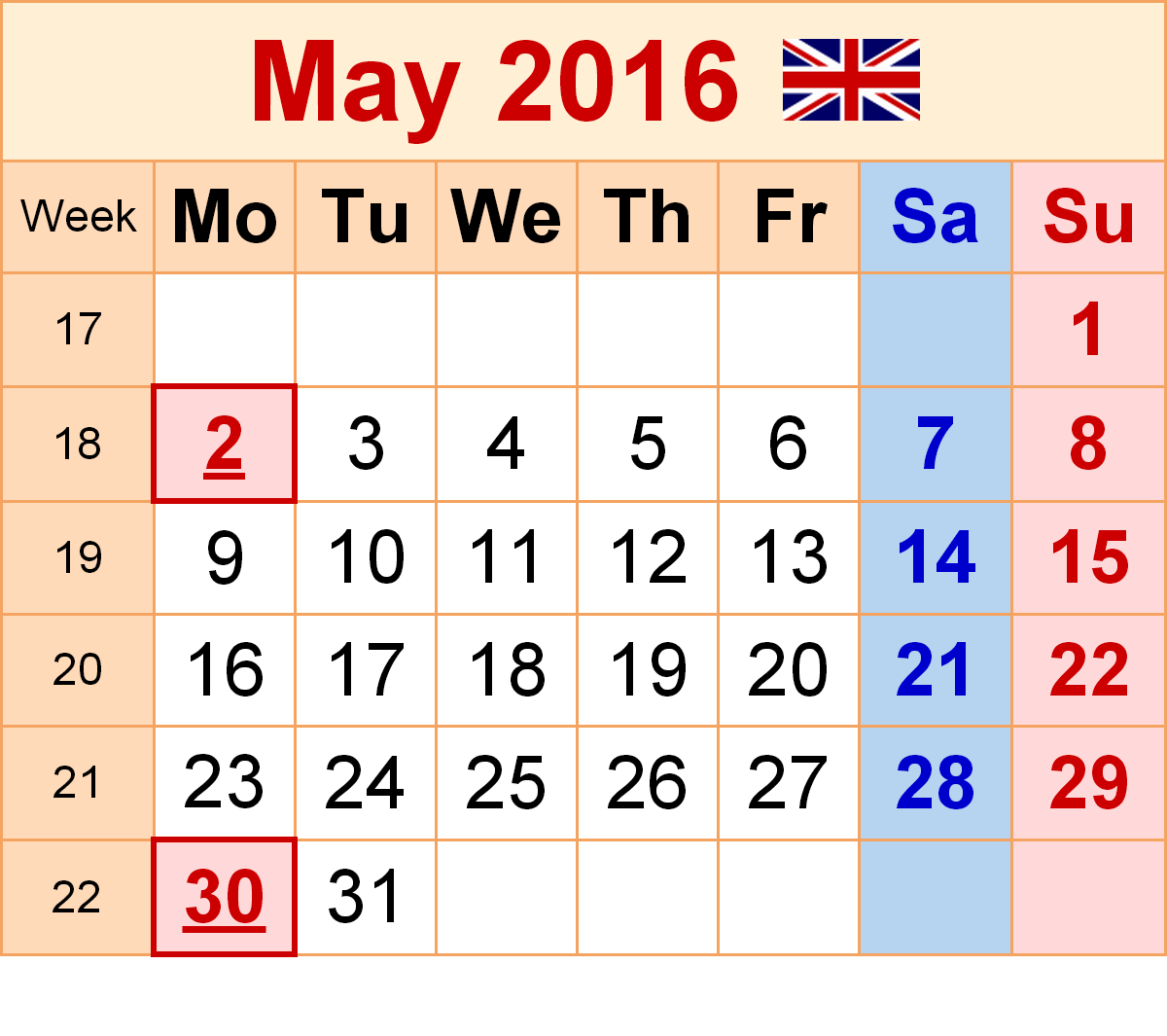 May 2016 Calendar with Holidays[USA, UK, Canada]