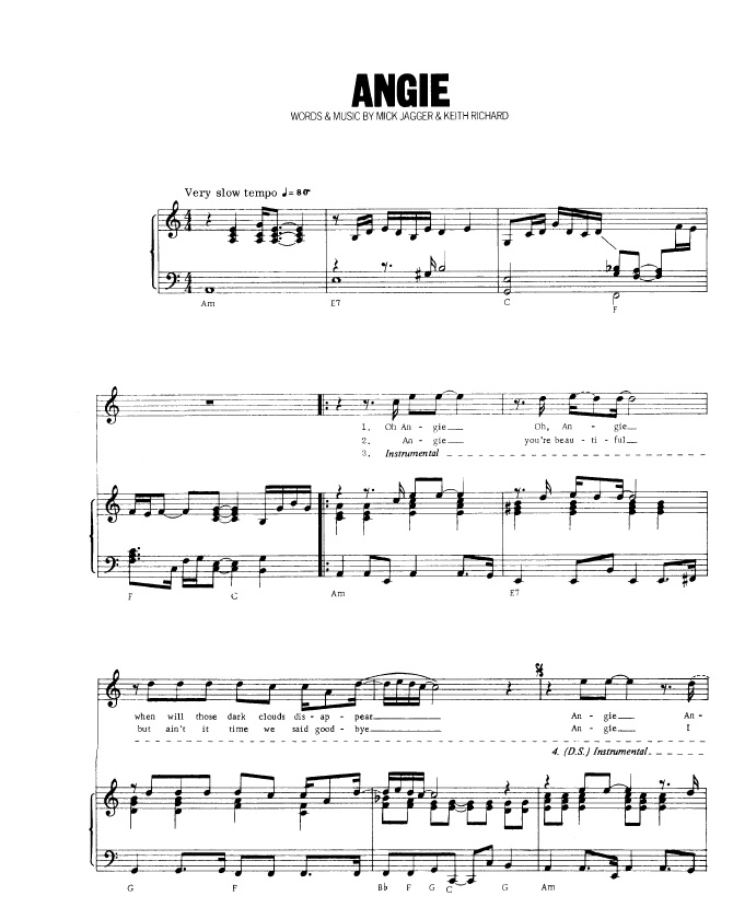 Rolling Stones Angie Partituras para Piano