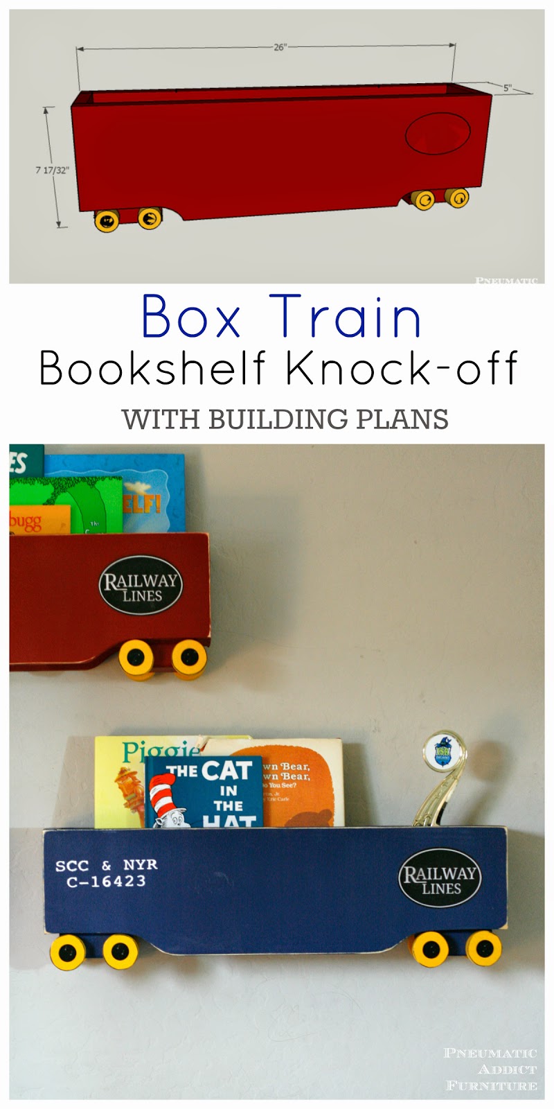 Make all three shelves for $40. Box train bookshelf knock-off, with free building plans.