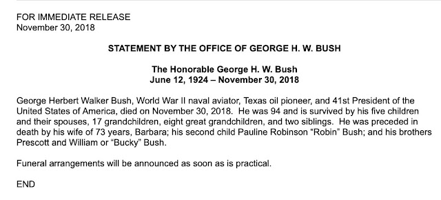 Statement confirming President Bush's (41st) death 