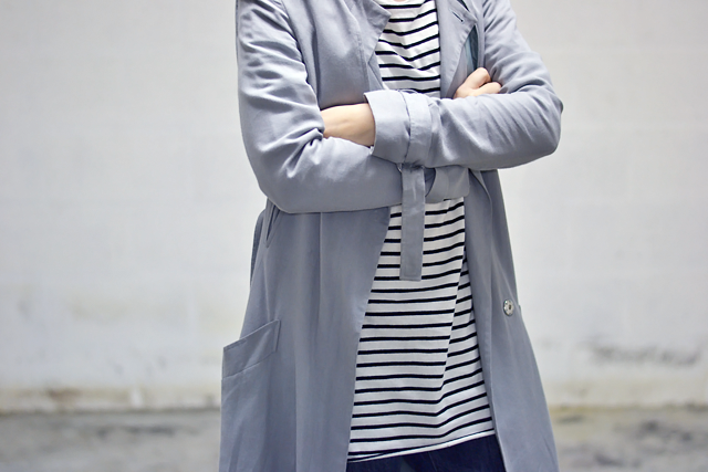 Close up detail, outfit detail, striped dress, zara, trench coat asos, grey