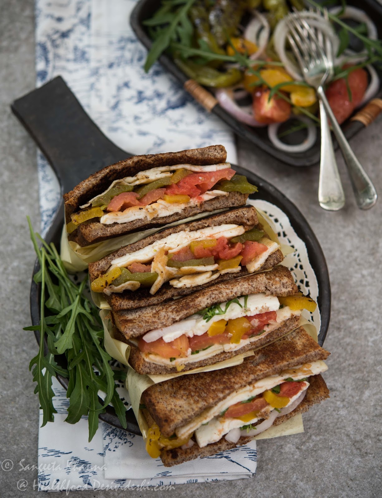 sandwich roasted pickled bell peppers and paneer sandwiches made with ragi sandwich bread