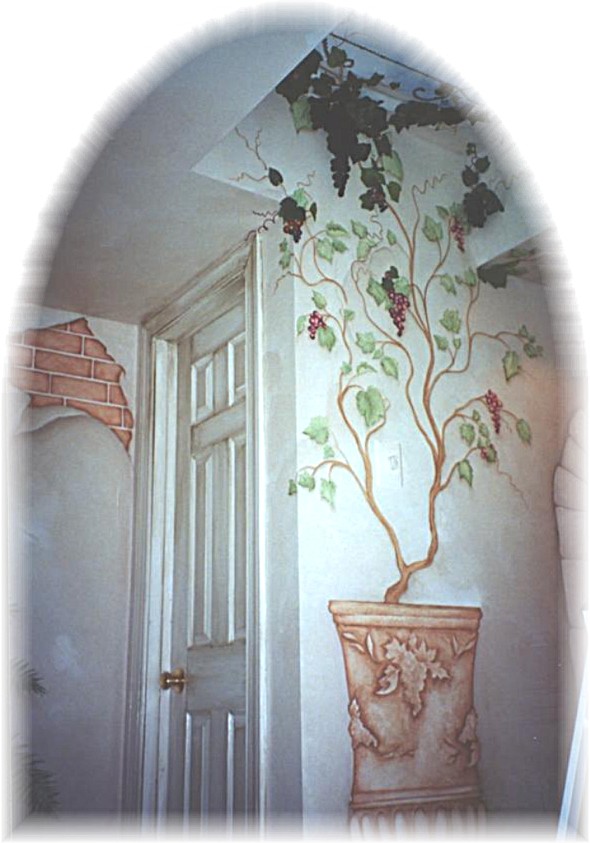 Artwork by Joanna Tuscan brick and vines; Kitchens and Baths