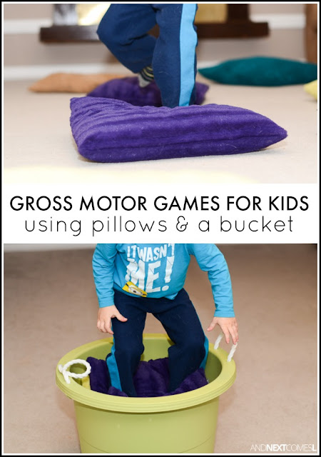 8 gross motor activities for kids using pillows & a bucket - great boredom buster ideas from And Next Comes L