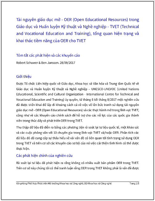 ‘OER trong TVET - Tổng quan hiện trạng và khai thác tiềm năng của OER trong TVET’ - bản dịch sang tiếng Việt