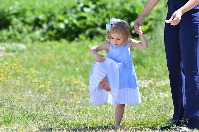 Princess Leonore, Princess Madeleine, Christopher O'Neill  is seen visiting the stables  in Gotland, Sweden. Duchess Leonore Livly Dress