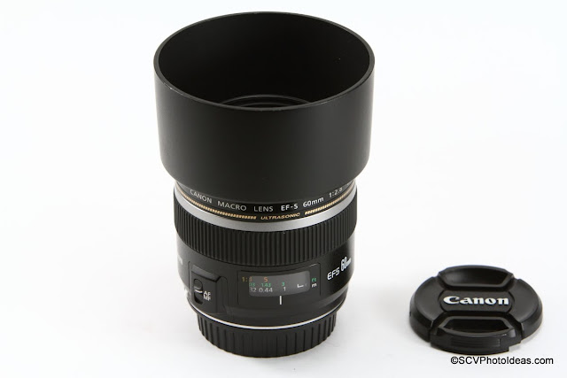Canon EF-S 60 mm f/2.8 Macro USM w/ ET-67B hood attached