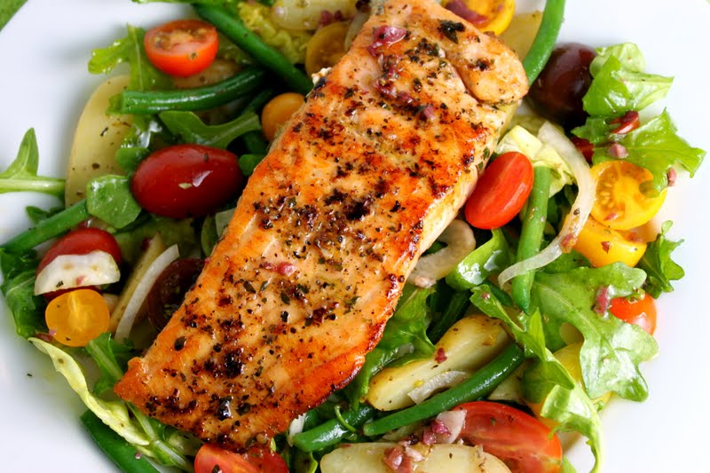 Nicoise Salad with Cedar-Plank Grilled Salmon and Kalamata Vinaigrette ...
