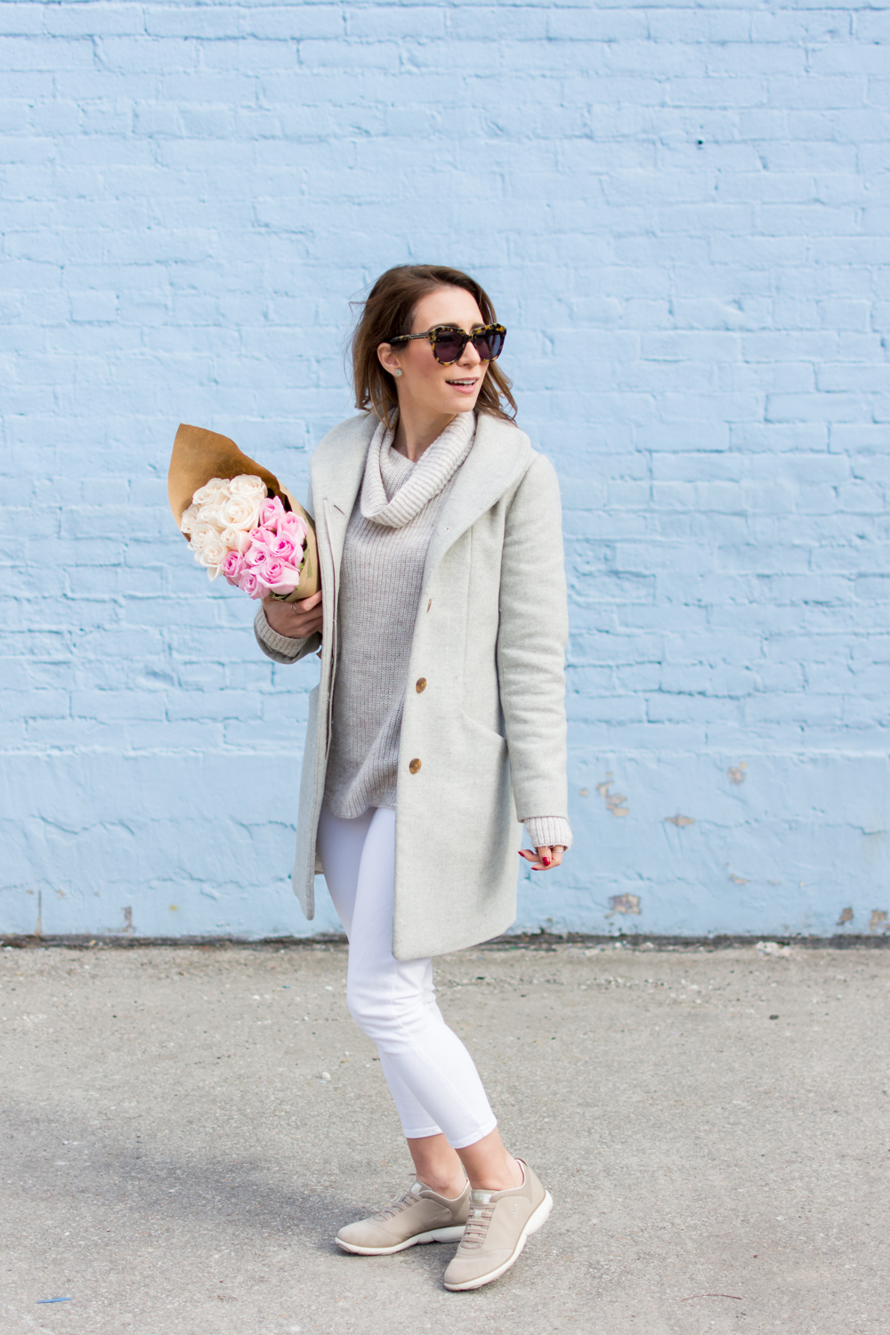 white jeans in winter grey coat neutral outfit petite style