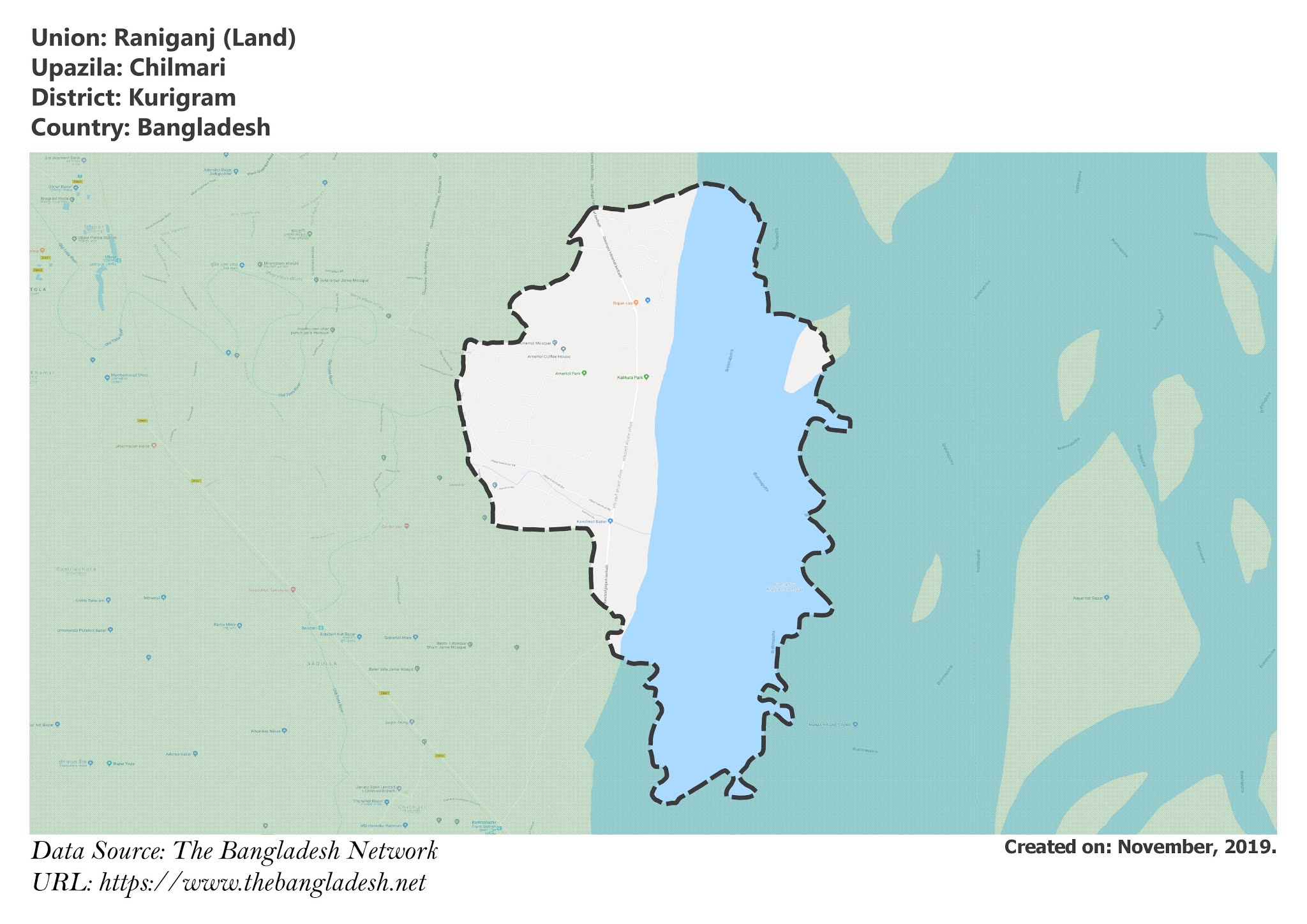 Map of Raniganj of Kurigram, Bangladesh.