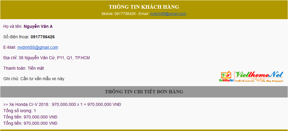 Thông tin đơn đặt hàng nhận được qua mail Thông tin đơn đặt hàng nhận được qua mail