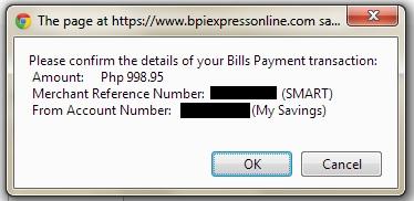 Confirmation page for BPIExpressOnline bills payment