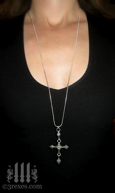 renaissance silver cross necklace with blue topaz