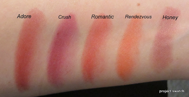 Revlon Kissable Balm Stains swatches - Adore, Crush, Romantic, Rendezvous, Honey