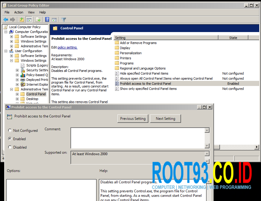 Disable Control Panel Windows Root93