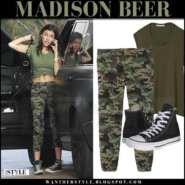 Madison Beer in green tee and camouflage print pants in Beverly Hills