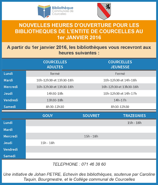 Bibliothèques de Courcelles Nouveaux horaires