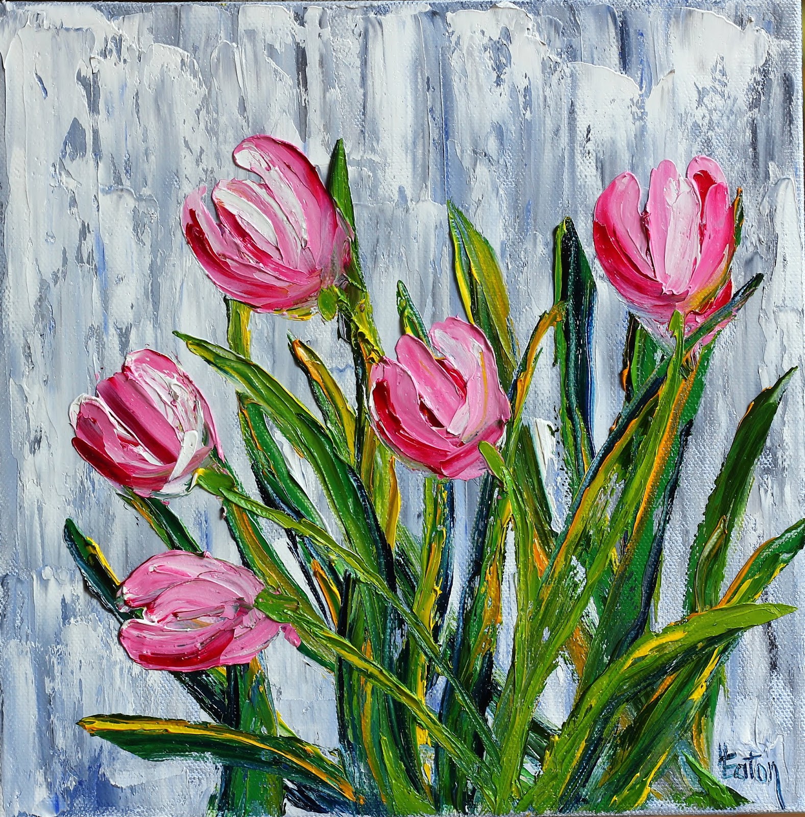 Word Weaver Art Pink Tulips on Gray (Palette Knife)