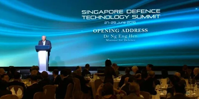Image Attribute: Welcome address by Minister of Defence, Dr. Ng Eng Hen, at the opening ceremony of the inaugural Singapore Defence Technology Summit 2018, on June 27,  1900Hrs, at Shangri-La Hotel. / Source: Media Screengrab by MediaCorp