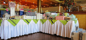 Showers of Happiness http://dragonflyandlilypads@blogspot.com Table Decor, Napkins, Navy grosgrain ribbon, sew, white stitching