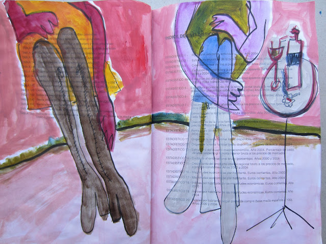 Pintura relizada sobre un cuaderno impreso que muestra las piernas de dos amigas que están tomando algo juntas, charlando. Realizada en junio de 2012 por Emebezeta. Piernas, botas, boots, legs, Beine, Stiefel, cocktail, drink, rojo, amistad.