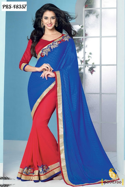 Wedding season special red blue silk embroidery saree online at lowest price in India