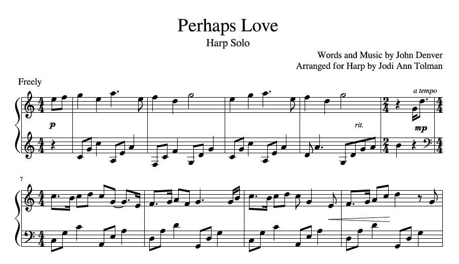 Perhaps Love by John Denver, Harp Solo Music by Jodi Ann