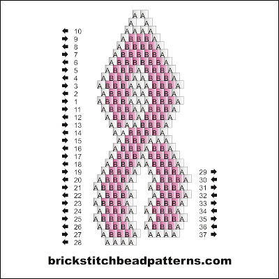 Click for a larger image of the Medium Pink Ribbon brick stitch bead pattern labeled color chart.
