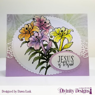 Divinity Designs Stamp Set: Miracle of Easter, Paper Collection: Spring Flowers 2019, Custom Dies: Scalloped Ovals, Ovals, Flower Lattice
