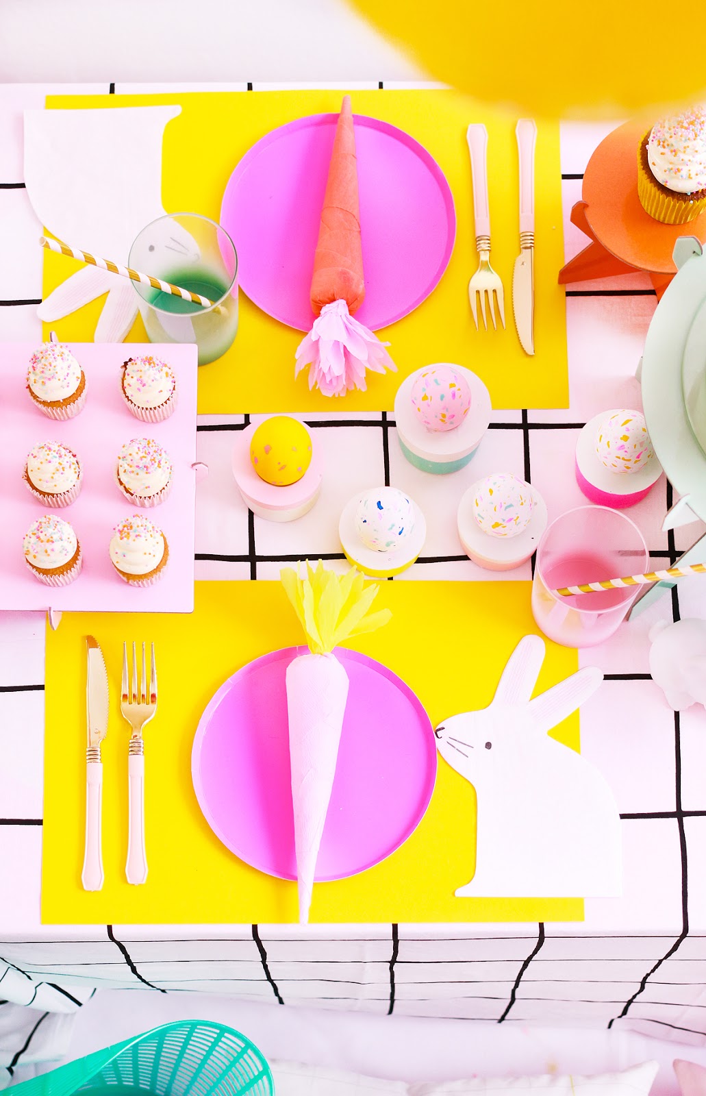 bright colorfull easter table decoration modern minimal carrot cracker terrazzo easter eggs diy