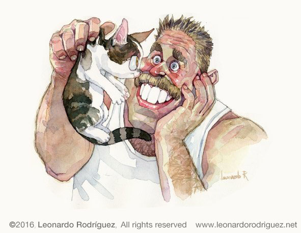 Watercolor caricature of firefighter holding one of them with eyes in love with the little animal.