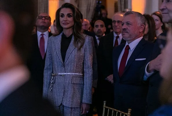 Queen Rania wore a silver-sequined suit, paired with a black clutch, to attend the ceremony at The Washington Institute