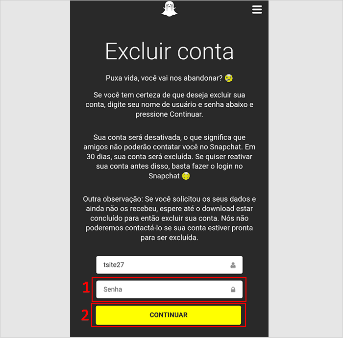 Página para excluir conta Snapchat pelo celular