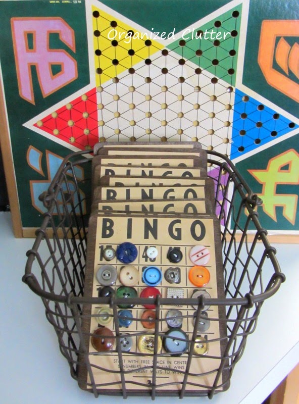 Wire Basket with Bingo Button Cards www.organizedclutterqueen.blogspot.com
