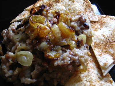 Brown Lentils together with Rice amongst Roasted Onions together with Spicy Baked Tortilla Chips