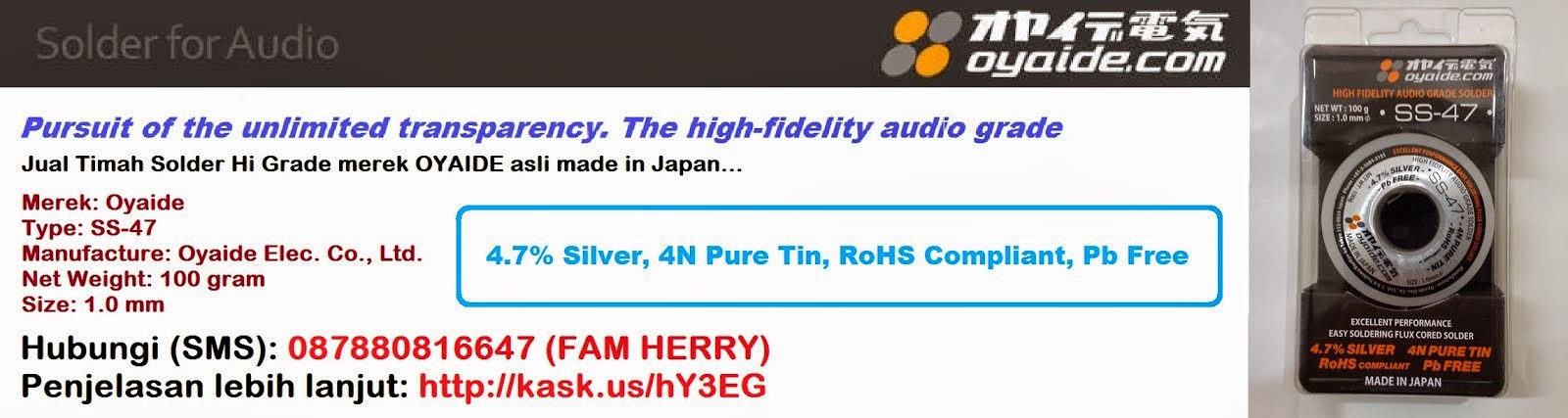 Jual Timah Solder OYAIDE SS-47 100gram (High Fidelity Audio Grade Solder) asli Made In Japan